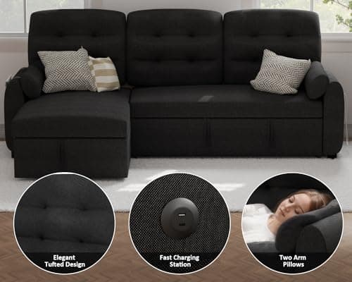 Ucloveria 87" Sleeper Sofa Bed with Reversible Chaise & Side Pocket | Black Linen Fabric