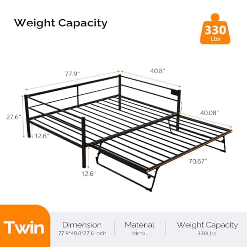 VINGLI Twin Daybed with Pop-up Trundle, Charging Station & LED Lights, Black