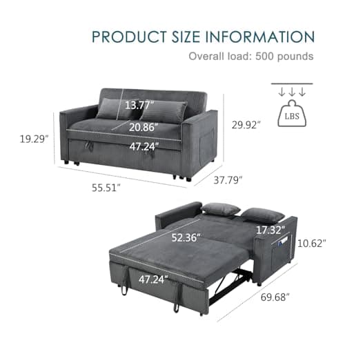 Futon Sofa Bed with Adjustable Backrest, Grey