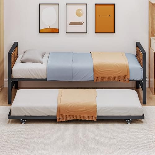 Black DWVO Twin Daybed with Trundle for Guest Room and Living Room, Adjustable Height Trundle Daybed, Metal Sofa Bed Frame with Wood Headboard, Easy Assembly