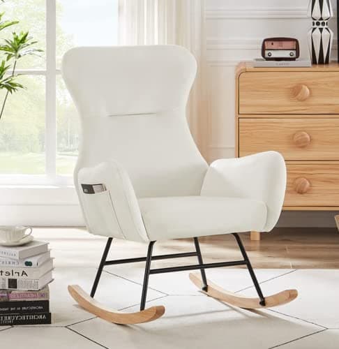 Cream White Teddy Fabric Nursery Glider Rocker for Living Room/Bedroom/Nursery