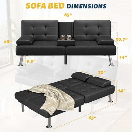 Furmax Adjustable Futon Couch Bed, PU Leather Black for Living Room