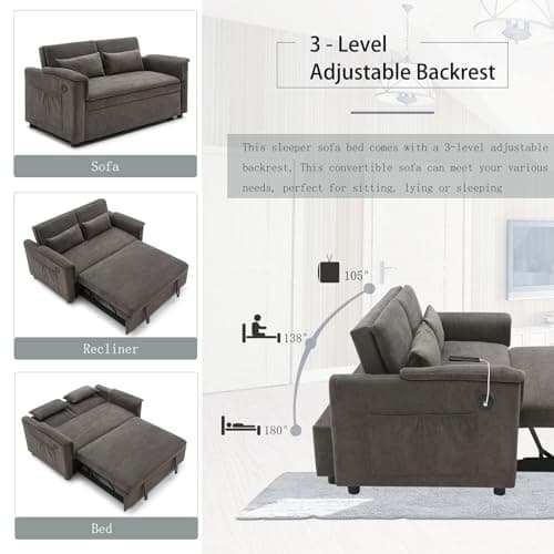 Antetek Grey Comfy Velvet Convertible Sleeper Sofa Bed with Adjustable Backrest