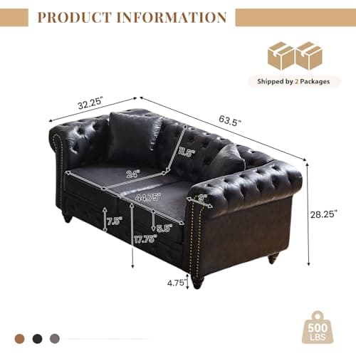 Modern Black Faux Leather Chesterfield Love Seat Sofa, 63.5-Inch With Rolled Arms and Tufting