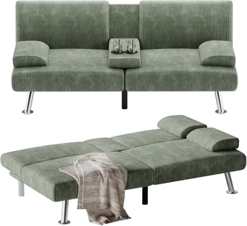 Flamaker Black PU Leather Modern Folding Futon Sofa Bed with Cup Holders
