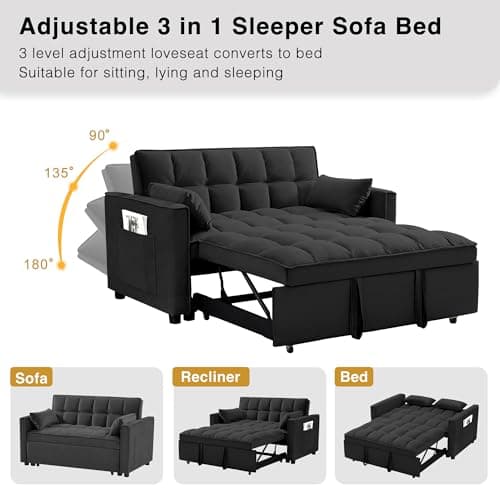 3 in 1 Convertible Sleeper Sofa Bed, Black Velvet Living Room Couch with Side Pocket | Adjustable Backrest