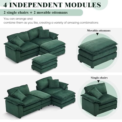 Modern Green L-Shaped Sectional with Movable Ottoman for Living Room