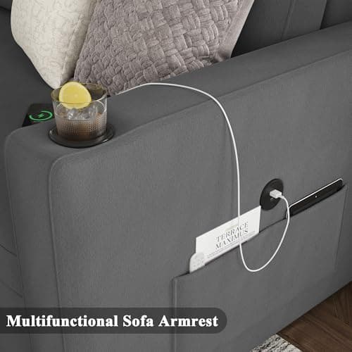 Keyluv 87" Reversible L-Shaped Sofa Bed with Storage & Charging Station, Dark Gray Velvet