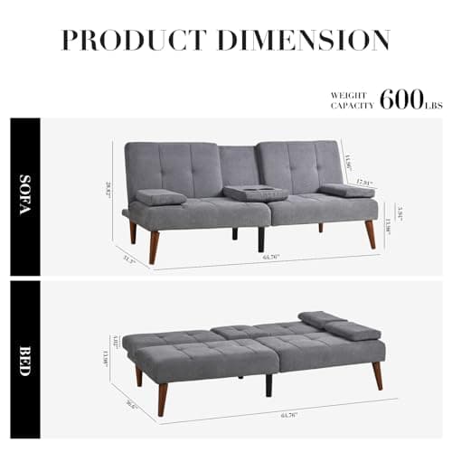 COLAMY Convertible Futon Sofa Bed - Light Grey with Cup Holders