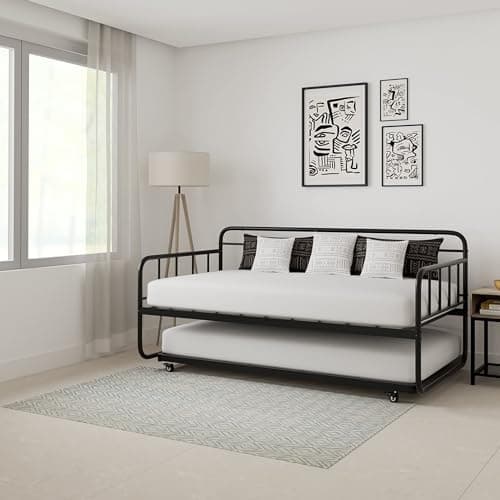 Amazon Basics Twin Daybed and Trundle Bed Frame Set, Easy Assembly, Space Saving, Suitable for Small Apartments, Strong Steel Slat Support, Black, 77.3 x 40 x 35.4 in  
Amazon Basics Twin Daybed and Trundle Bed Frame Set, Easy Assembly, Durable Const