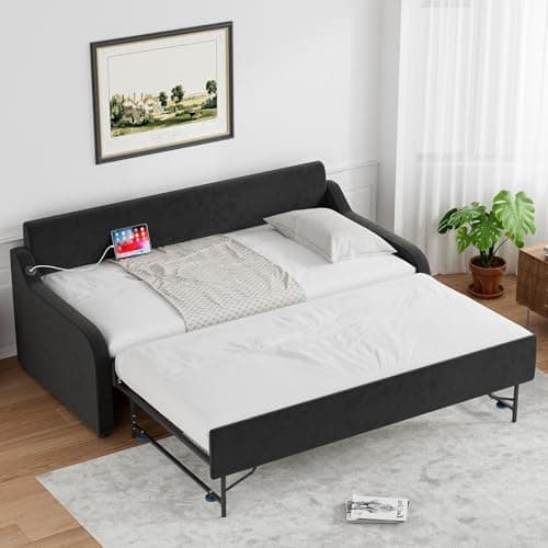 Rophefx Velvet Black Twin Day Bed with Pop Up Trundle & USB