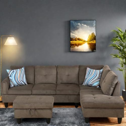 L-Shaped Couch with Chaise, 6 Seat Modern Living Room Sectional in Black/Grey with Storage