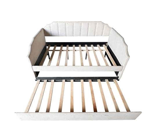 Beige Upholstered Daybed with Trundle & Wood Slat Support, Easy Assembly, Living & Guest Room