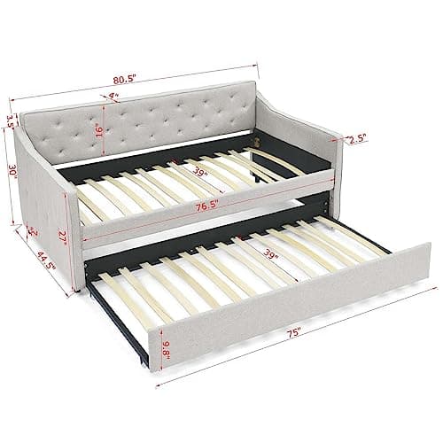 Antetek Beige Fabric Twin Daybed with Pull-Out Trundle & No Box Spring