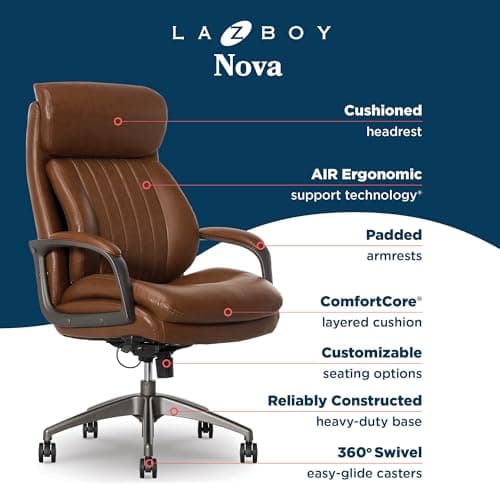 La-Z-Boy Nova Executive Office Chair - Patented AIR Ergonomic Support, Cognac Brown Vegan PU Leather