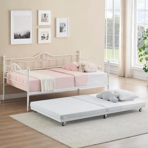 IDEALHOUSE Twin Daybed with Trundle, White, Space-Saving Sofa Bed Frame