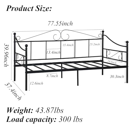 Black Metal Twin Daybed Frame with Headboard, Mattress Support for Living Room Sofa Bed