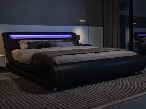 Allewie King Size LED Platform Bed with Adjustable Headboard & Faux Leather