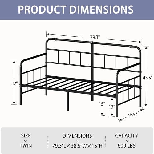 Black Metal Twin Size Daybed with Headboard, Heavy Duty Steel Slats, No Box Spring Needed, Easy Assembly