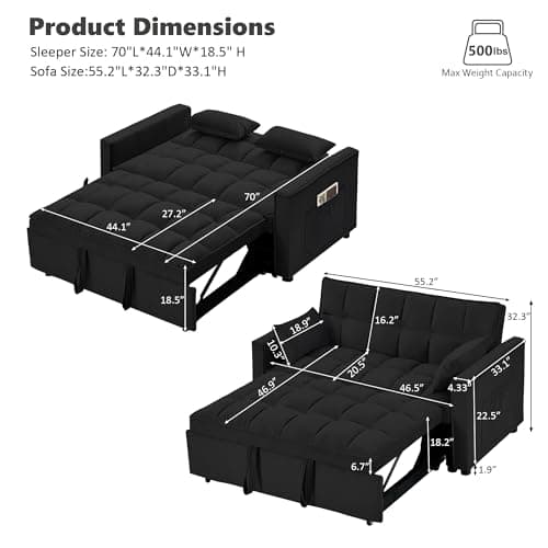 3-in-1 Black Pull-Out Sofa Bed for Living & Bedroom Spaces