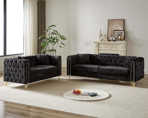 Modern Chenille Living Room Furniture Set with Copper Nail Trim, Beige