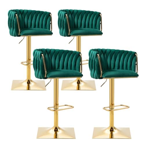 Antetek Modern Swivel Bar Stool Set, Adjustable Height, Woven Back, Silver Base, Blue Teddy