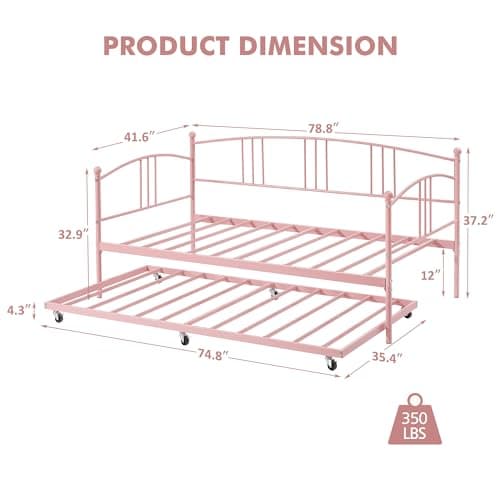 Pink Metal Twin Daybed with Trundle - No Box Spring Needed