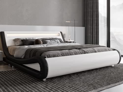Allewie King Size LED Platform Bed with Adjustable Headboard & Faux Leather
