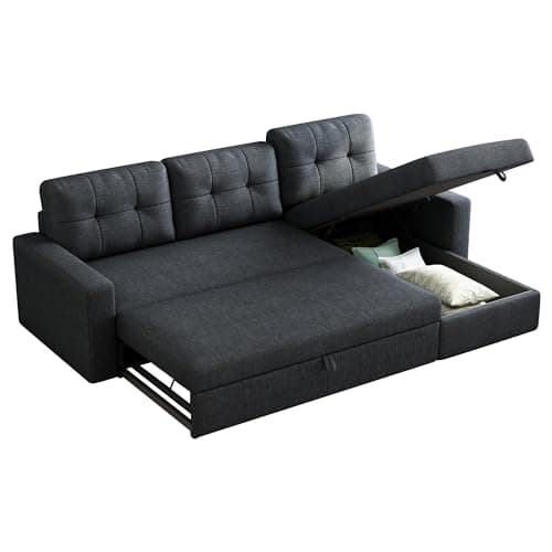Dark Grey L-Shaped Reversible Upholstered Sleeper Sectional Sofa