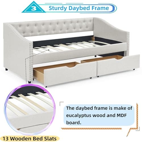Upholstered Queen Size Daybed with Storage Drawers