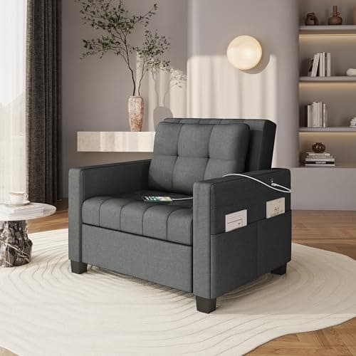 Yaheetech Dark Gray Convertible Sofa Bed with Adjustable Backrest & Charging Ports