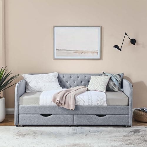 Modern Upholstered Daybed with Trundle Bed: Twin to King, Storage Drawer, Grey
