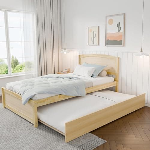 Twin Size Extendable Daybed with Trundle, Solid Wood Support (Natural)