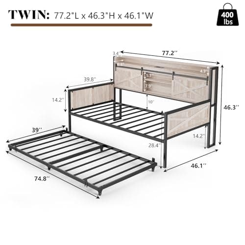 Rustic White Farmhouse Daybed with Trundle, Sliding Barn Door & Charging Station