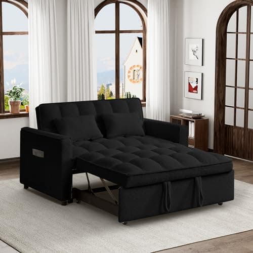 Convertible Sleeper Sofa Couch with Pullout Bed, Loveseat with Storage and Pillows, Modern Futon Couch Bed for RV, Living Room, Bedroom and Small Space in Black Teddy