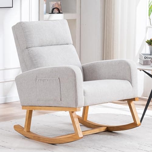 Sherpa Nursing Rocking Chair, Upholstered Glider with Side Pocket, Light Grey
