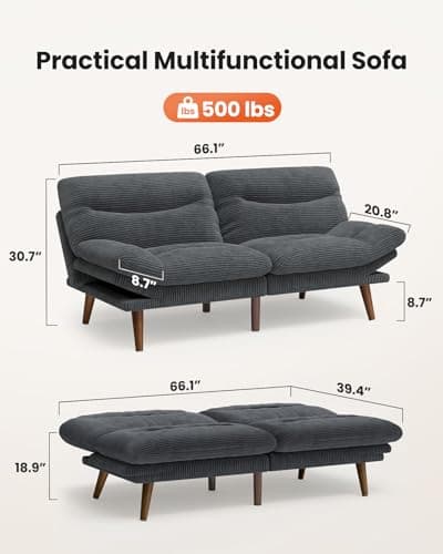 AMADA Vintage Adjustably Backrest Futon Sofa Bed, Grey Corduroy