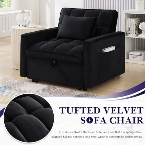 Black Modern Velvet Sleeper Sofa Chair Bed with Adjustable Backrest