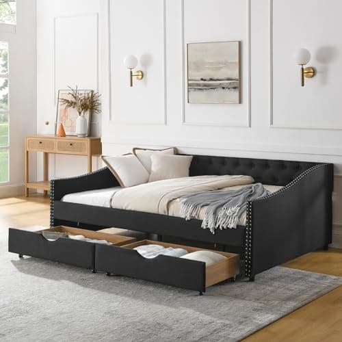 Beige Wood Twin Daybed with Storage & Button Design for Bedroom