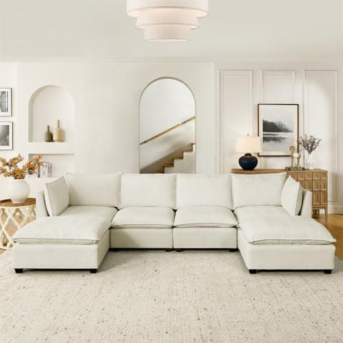 Oversized Chesterfield U-Shaped Couch with Ottomans & Chaise, 6 Seat, Blue Linen Fabric