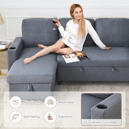 Antetek Reversible L-Shaped Sleeper Sofa Bed, Dark Grey & Storage Chaise
