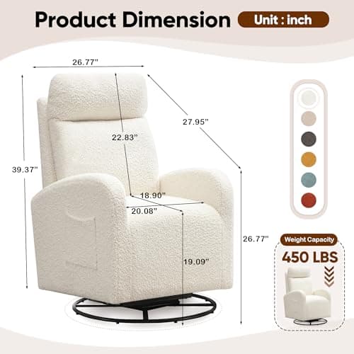 360° Swivel Glider Chair, Modern Ergonomic Boucle Upholstered Rocker with Side Pocket, Cream White