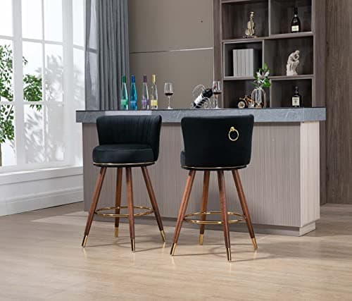 Mid Century Gold Ring Velvet Swivel Bar Stool Set (Black)