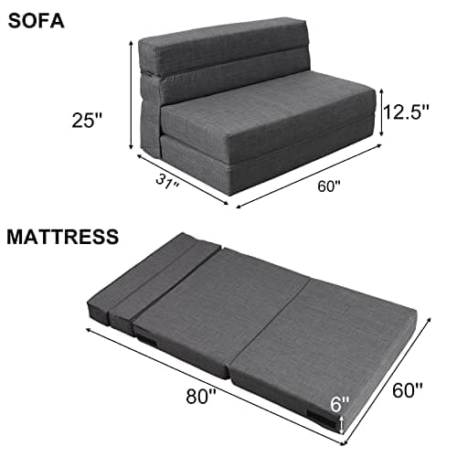 ANONER 60" Fold Sofa Bed Queen Size Dark Gray Memory Foam Couch