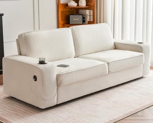 AMERLIFE Beige Corduroy 3 Seater Deep Seat Sofa with USB Ports & Cup Holders