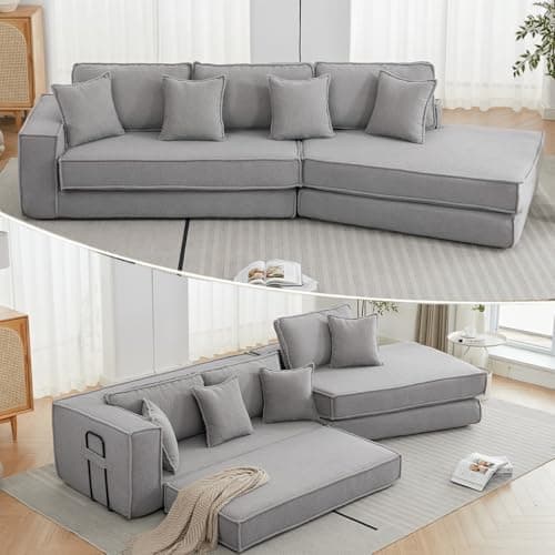 Antetek Gray Moduler Sectional Futon Sofa Bed with 3 Cushions & Pillows