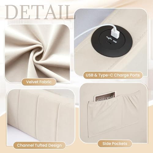 Beige Velvet Tufted Twin to King Extendable Daybed with USB Port