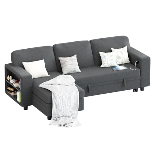 Furmax Grey 3-Seat L-Shaped Sleeper Sofa with Storage & USB Ports