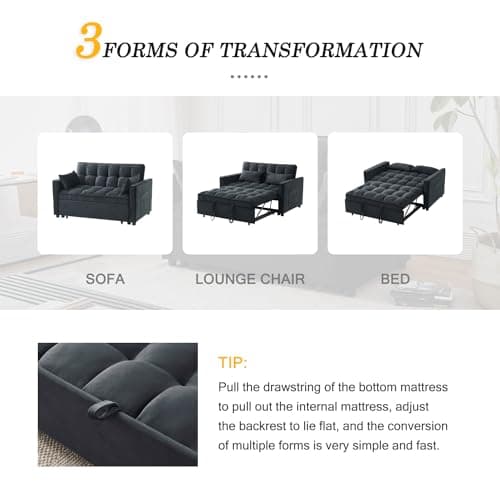 Black Modern 3-in-1 Futon Sofa Bed with Storage and Adjustables