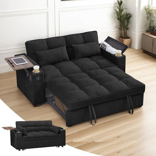 3-in-1 Sleeper Sofa Bed with Chaise Lounge,Adjustable Backrest & Side Table,Black